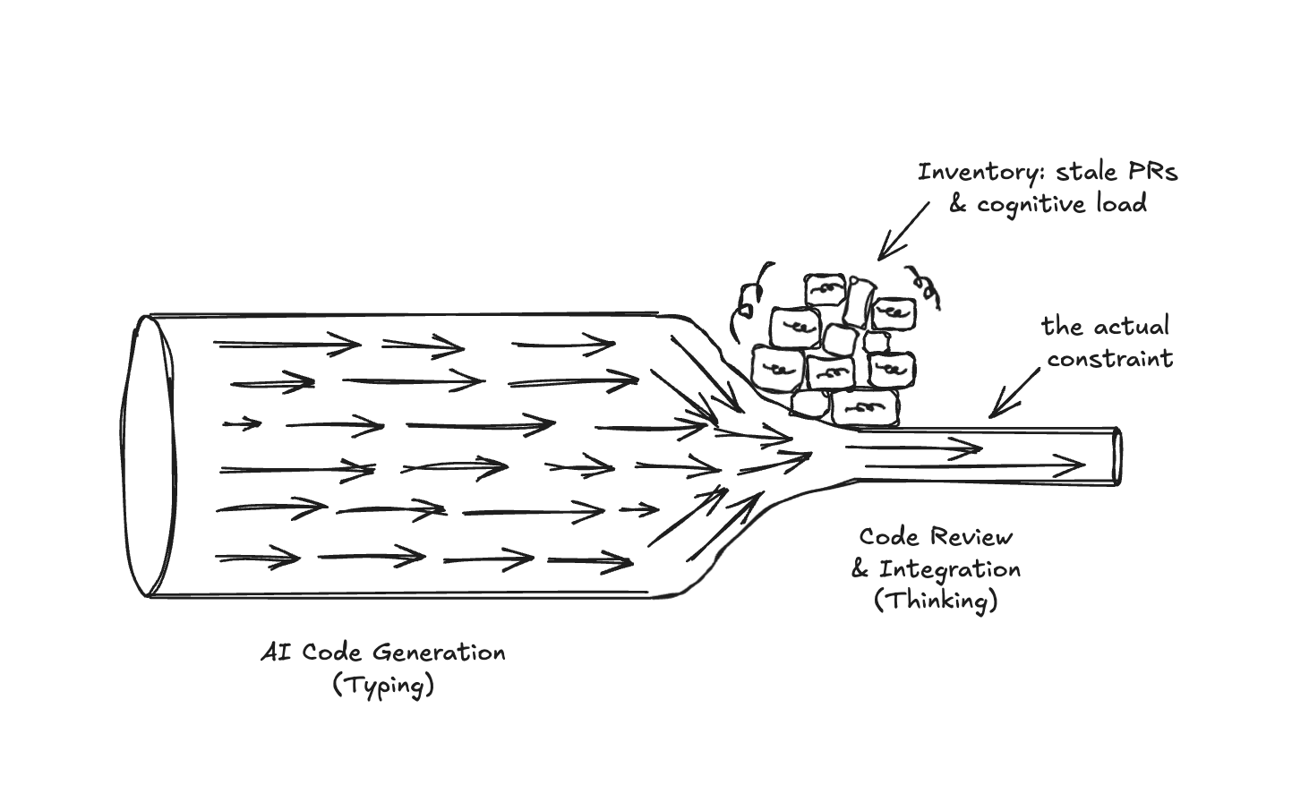 The Bottleneck Pipe: AI code generation floods a wide pipe, but code review is a narrow constraint where inventory piles up.